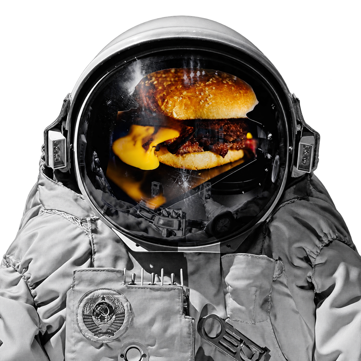 Primer plano de un astronauta con la hamburguesa del Montes reflejada en el casco